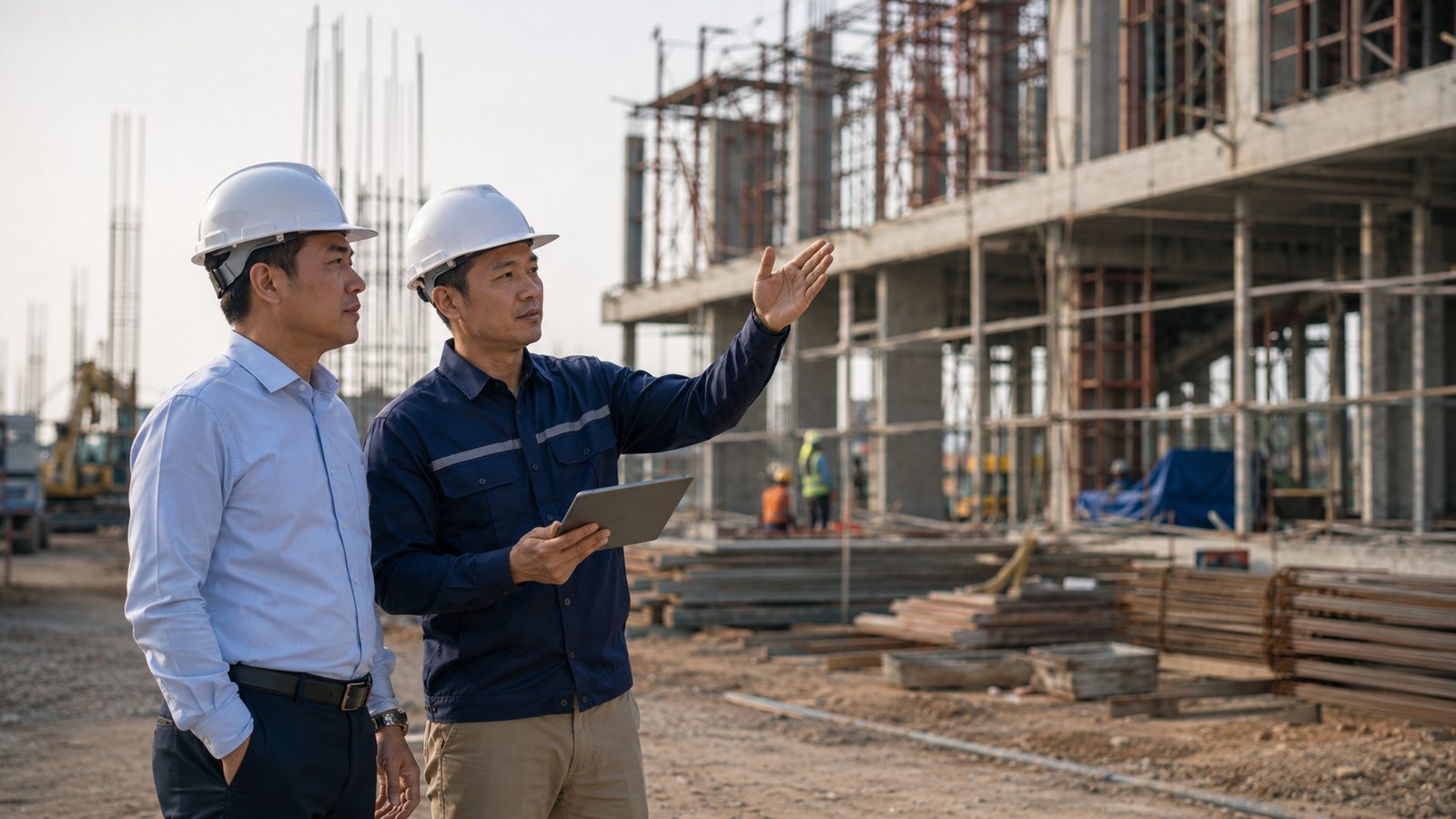 Tim artandtech berdiskusi di lokasi proyek